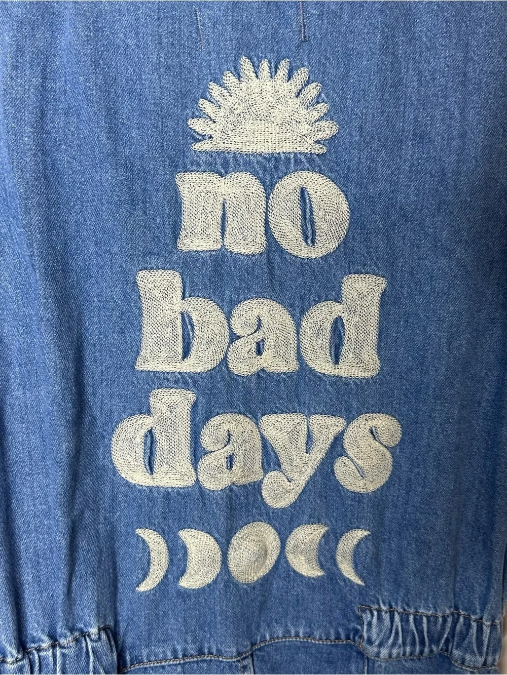 Free People Embroidered ‘No Bad Days’ Celestial Moon Denim Jumpsuit S
